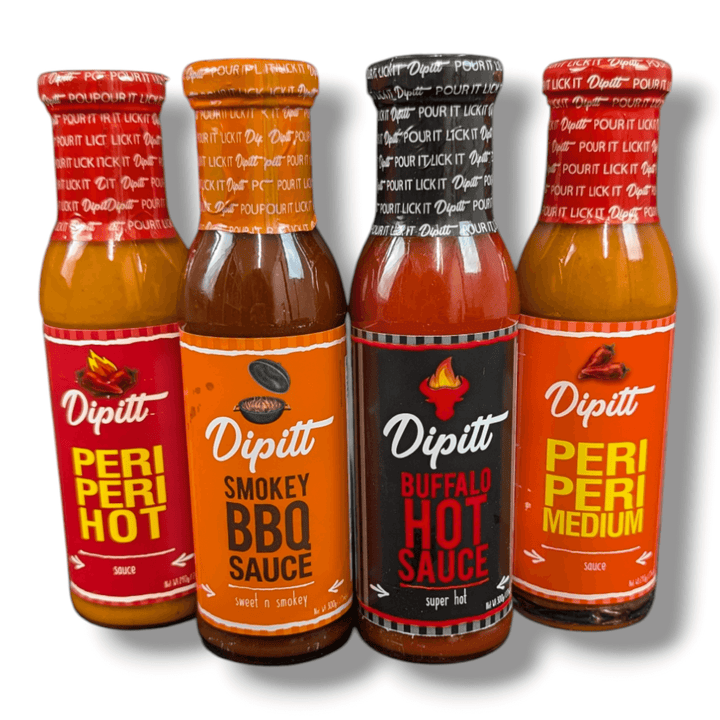 Dipitt Gift Set- Peri Peri Medium and Hot, Buffalo Hot Sauce, Smokey BBQ Sauce