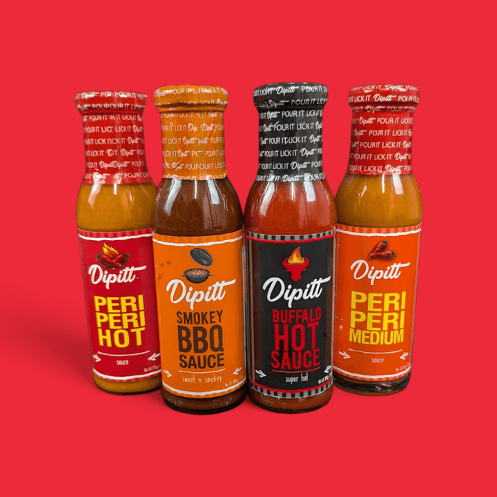 Dipitt Gift Set- Peri Peri Medium and Hot, Buffalo Hot Sauce, Smokey BBQ Sauce red background with shadowing