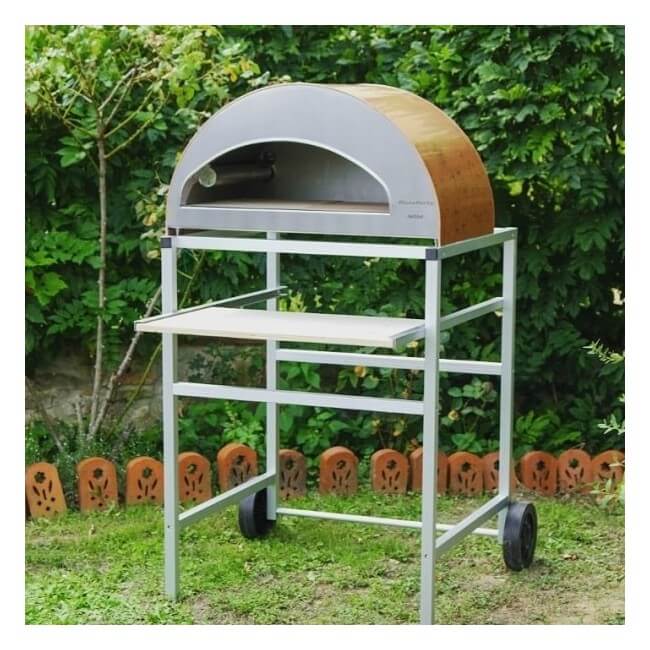 Emozione gas-fired pizza oven mounted on a superlight silver aluminum support stand with wheels.