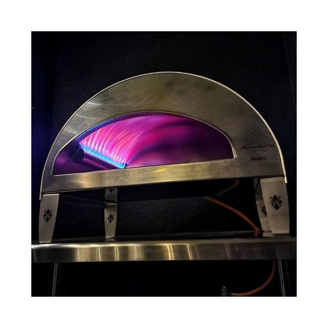 Inside view of the Emozione pizza oven showing active flames visible from the gas burners.