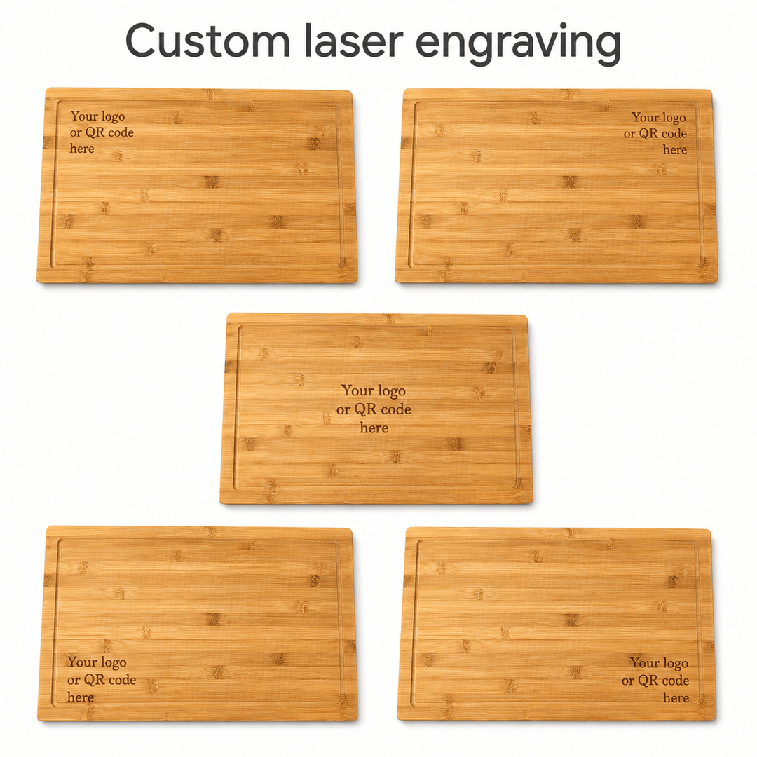 Five rectangular bamboo cutting boards arranged on a white background under the heading 'Custom laser engraving.' Each board shows a sample engraved placeholder text reading 'Your logo or QR code here.