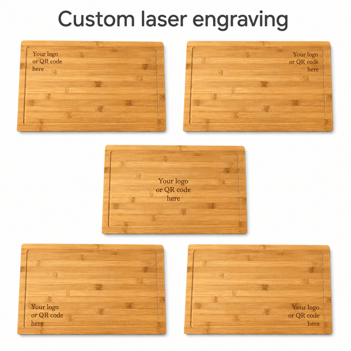 Five rectangular bamboo cutting boards arranged on a white background under the heading 'Custom laser engraving.' Each board shows a sample engraved placeholder text reading 'Your logo or QR code here.