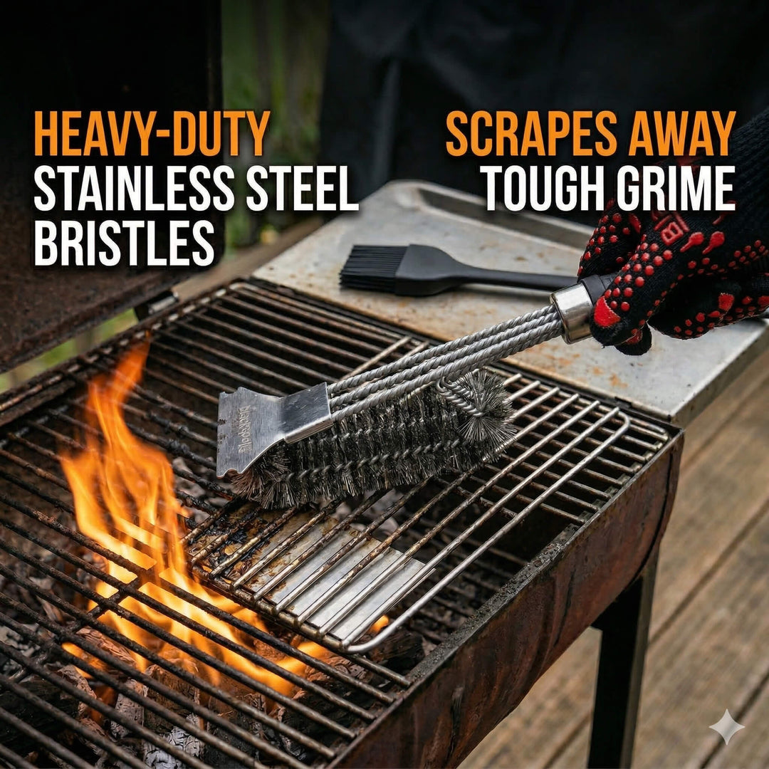 Wearing Black Rock Grill's 500°C gloves, a user cleans a grill grate over open flames with the Ultimate BBQ Tool Kit's 18" brush. Heavy-duty stainless steel bristles scrape away tough grime for easy BBQ maintenance.