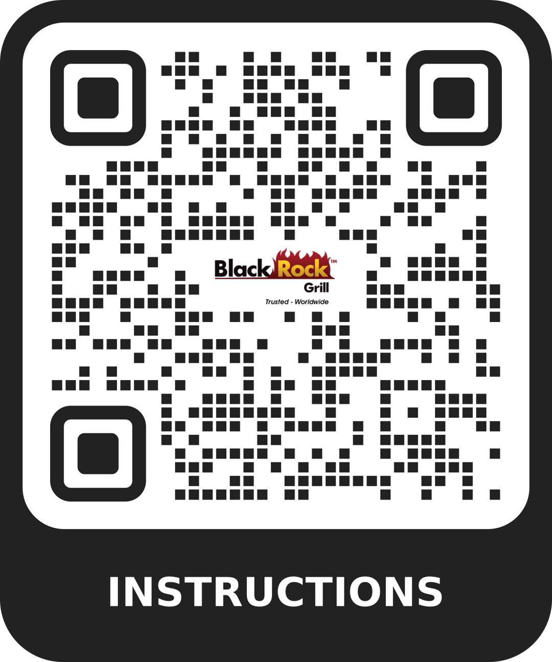 A black and white QR code with the Black Rock Grill logo in the center and the word &