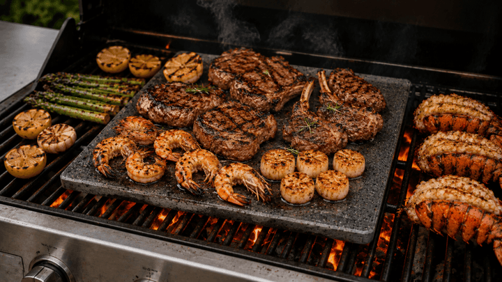 A lava stone griddle on a stainless steel outdoor grill cooking multiple foods, including steak, shrimp, scallops, lobster tails, asparagus, and grilled tomatoes, with visible flames and smoke.