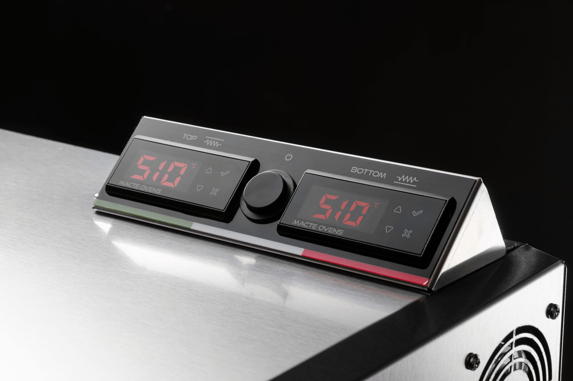 Detailed view of the digital PID temperature controllers on the Macte Advanced electric pizza oven.