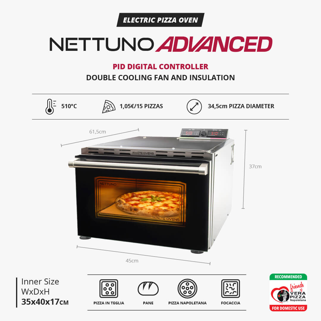 Dimensions and size guide for the Macte Nettuno Advanced pizza oven.