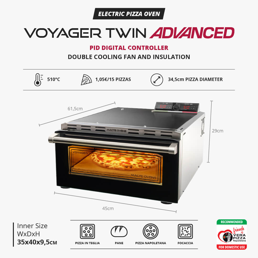 Dimensions and size guide for the Macte Voyager Advanced pizza oven.