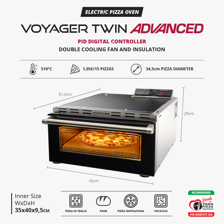 Dimensions and size guide for the Macte Voyager Advanced pizza oven.
