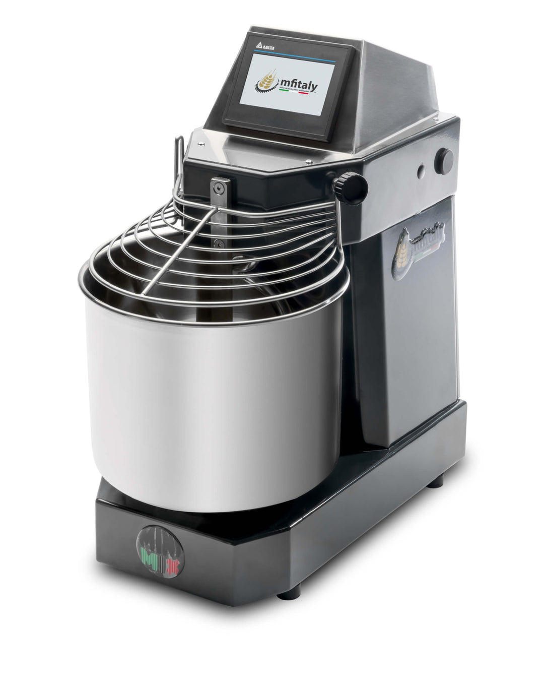 The MFItaly MINIMIX PRO 5kg Spiral Dough Mixer—Black—features a large stainless steel bowl, protective wire guard, touchscreen controls with Mfitaly branding, LED bowl light, and a base styled with the Italian flag design.