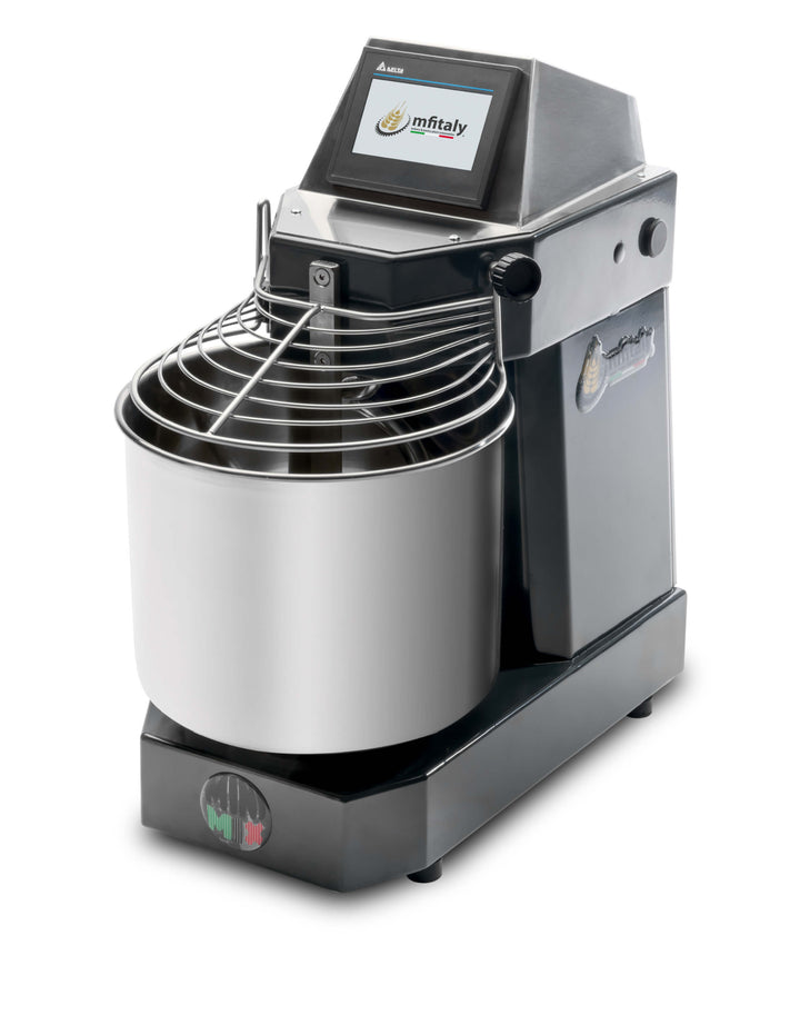 The MFItaly MINIMIX PRO 5kg Spiral Dough Mixer—Black—features a large stainless steel bowl, protective wire guard, touchscreen controls with Mfitaly branding, LED bowl light, and a base styled with the Italian flag design.