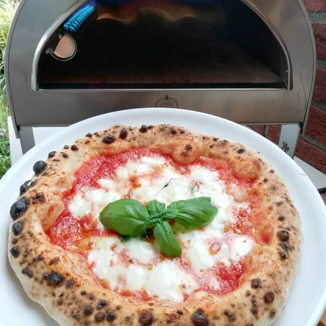 A freshly baked pizza with a charred crust, red tomato sauce, melted white cheese, and a green basil leaf garnish, served on a white plate in front of a pizza party ardore gas pizza oven.