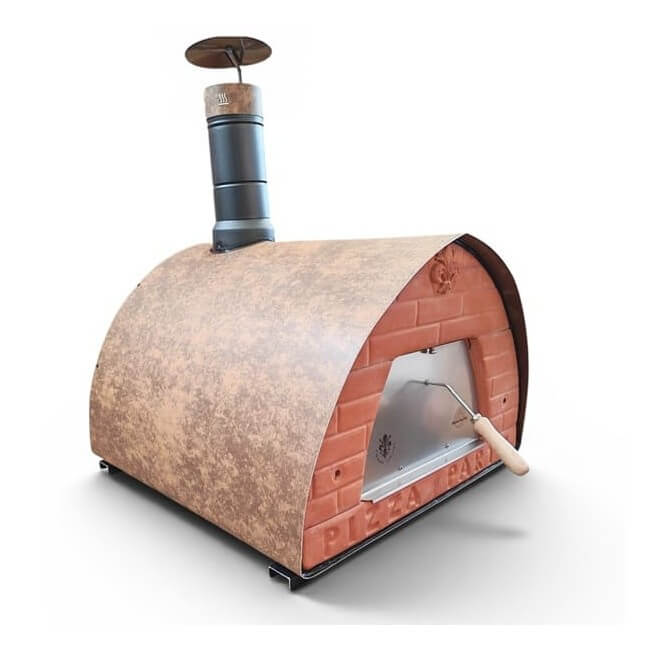 A Pizza Party 70X70 pizza oven with a textured grey corten metal exterior, a red brick face, a dark metal chimney stack, and a stainless steel door with a wooden handle, shown on a white background.