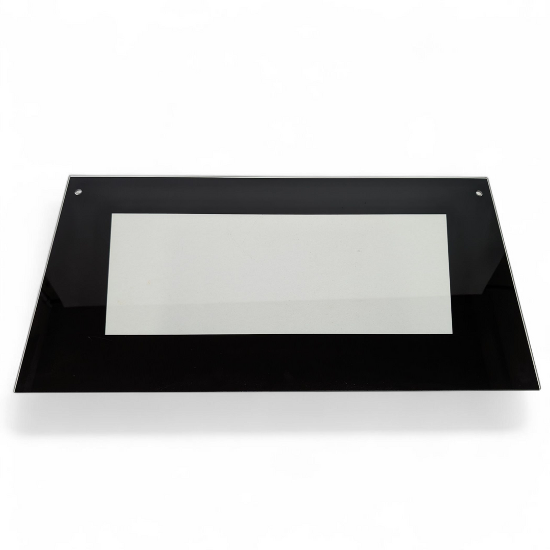 The Effeuno Outer Printed Glass for the P150HA by Black Rock Grill features a rectangular black glass design with rounded front edges, two back mounting holes, and a frosted translucent center strip, shown on a white background.