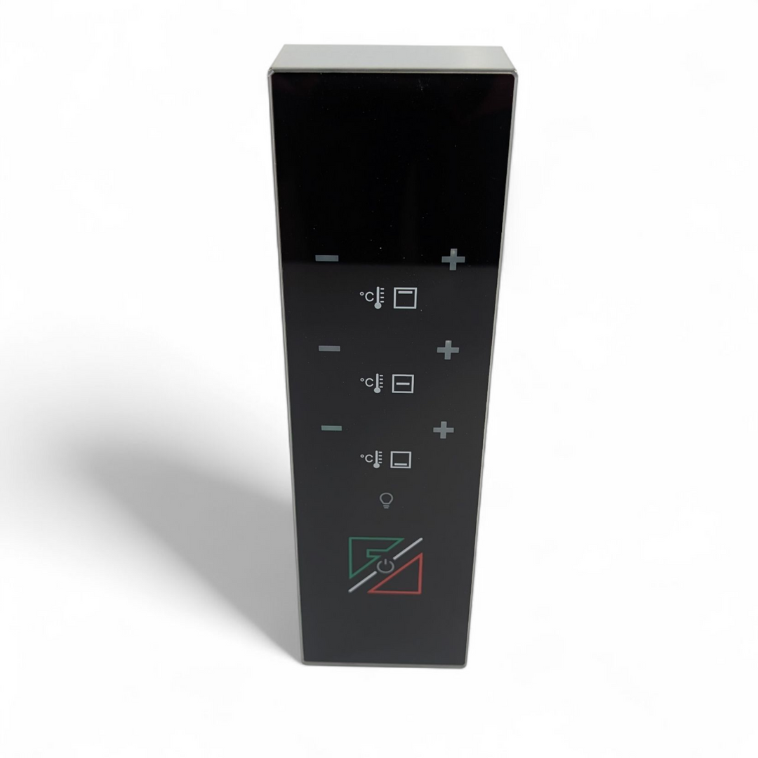 The Effeuno P234H Pro Pizza Oven Complete Digital Control Panel is a black, glossy-front device with illuminated icons—plus/minus signs, temperature symbols, a lightbulb, and power symbol—designed to replace your oven's control panel.