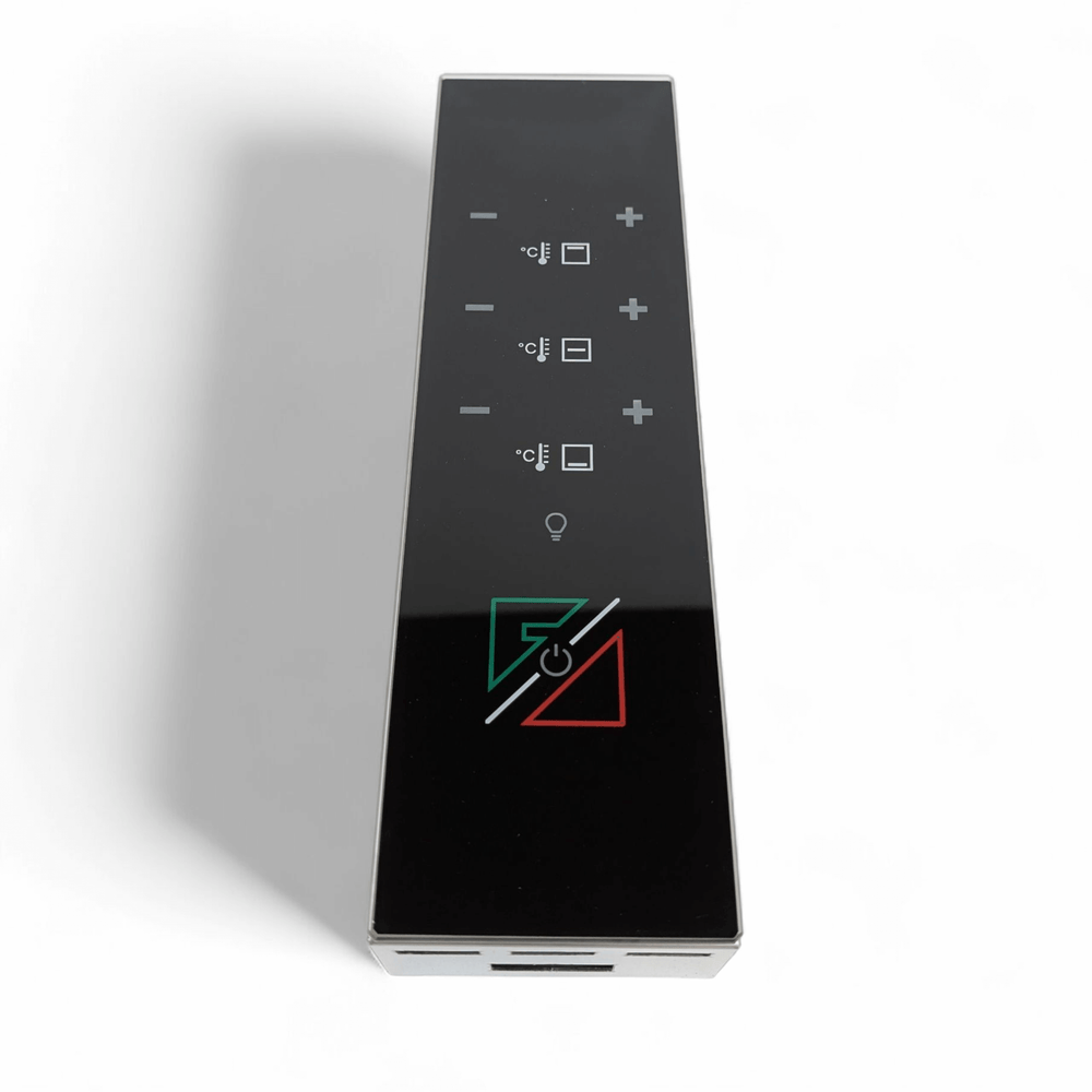 The Genuine Effeuno P234H Pro Complete Digital Control Panel by Effeuno is a black, rectangular electronic panel featuring touch buttons for temperature, lighting, and power—marked with green and red triangle overlays—specifically designed as the authentic replacement part for your commercial pizza oven’s P234H Pro digital control system.