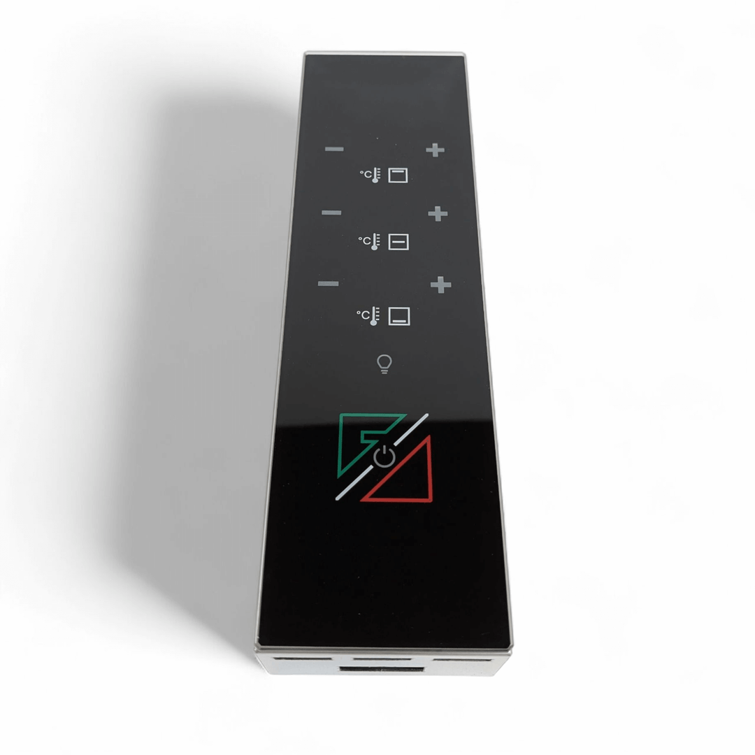 The Effeuno P234H Pro Pizza Oven Complete Digital Control Panel is an OEM-quality black touchscreen replacement featuring temperature controls, a lightbulb icon, and green/red power symbols, designed specifically for the Effeuno P234H Pro.