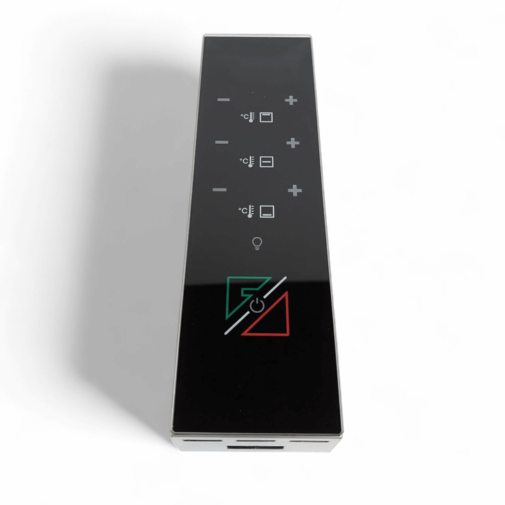 The Effeuno P234H Pro Pizza Oven Complete Digital Control Panel is an OEM-quality black touchscreen replacement featuring temperature controls, a lightbulb icon, and green/red power symbols, designed specifically for the Effeuno P234H Pro.