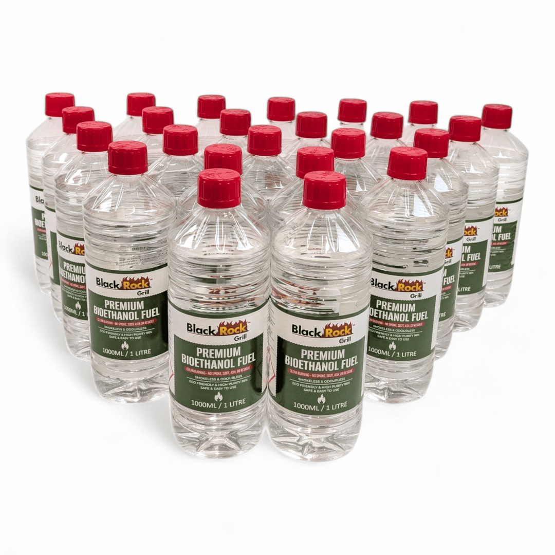 Twenty-four clear 1L bottles of Black Rock Grill Premium Bioethanol Fuel, each with a red cap, are arranged in a staggered formation against a white background.