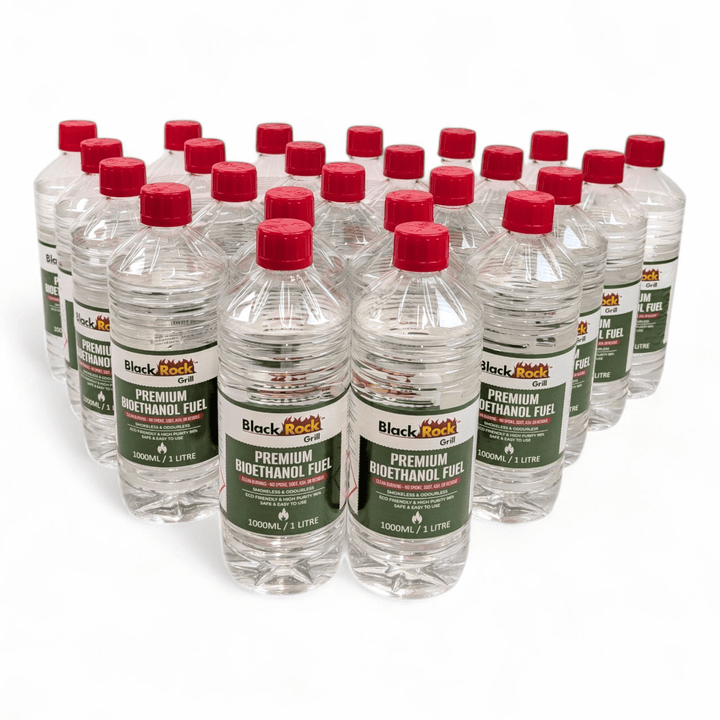 Twenty-four clear 1L bottles of Black Rock Grill Premium Bioethanol Fuel, each with a red cap, are arranged in a staggered formation against a white background.