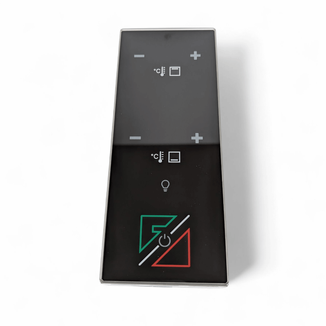 The Effeuno P134H PRO Control Panel by Black Rock Grill is a black rectangular touch panel with temperature buttons, a light bulb icon, and green/red triangular power buttons on a white background.