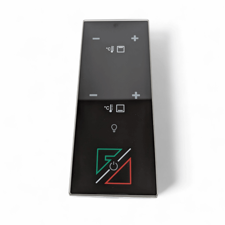 The Effeuno P134H PRO Control Panel by Black Rock Grill is a black rectangular touch panel with temperature buttons, a light bulb icon, and green/red triangular power buttons on a white background.