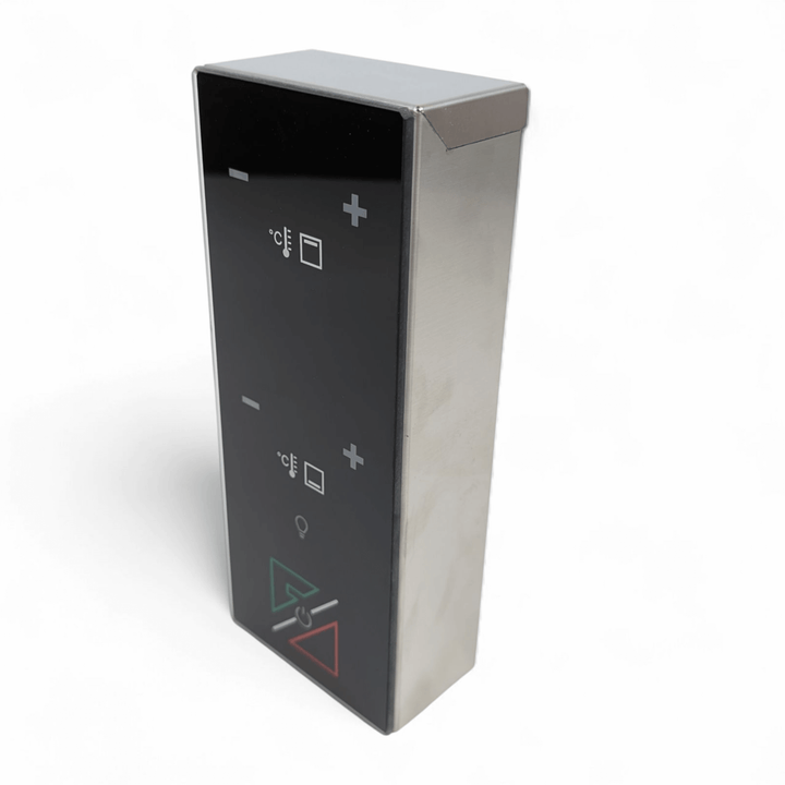 The Effeuno P134H PRO Control Panel by Black Rock Grill features a sleek rectangular design with a black front display, temperature indicators, plus/minus buttons, and green/red triangular buttons on a metallic casing.