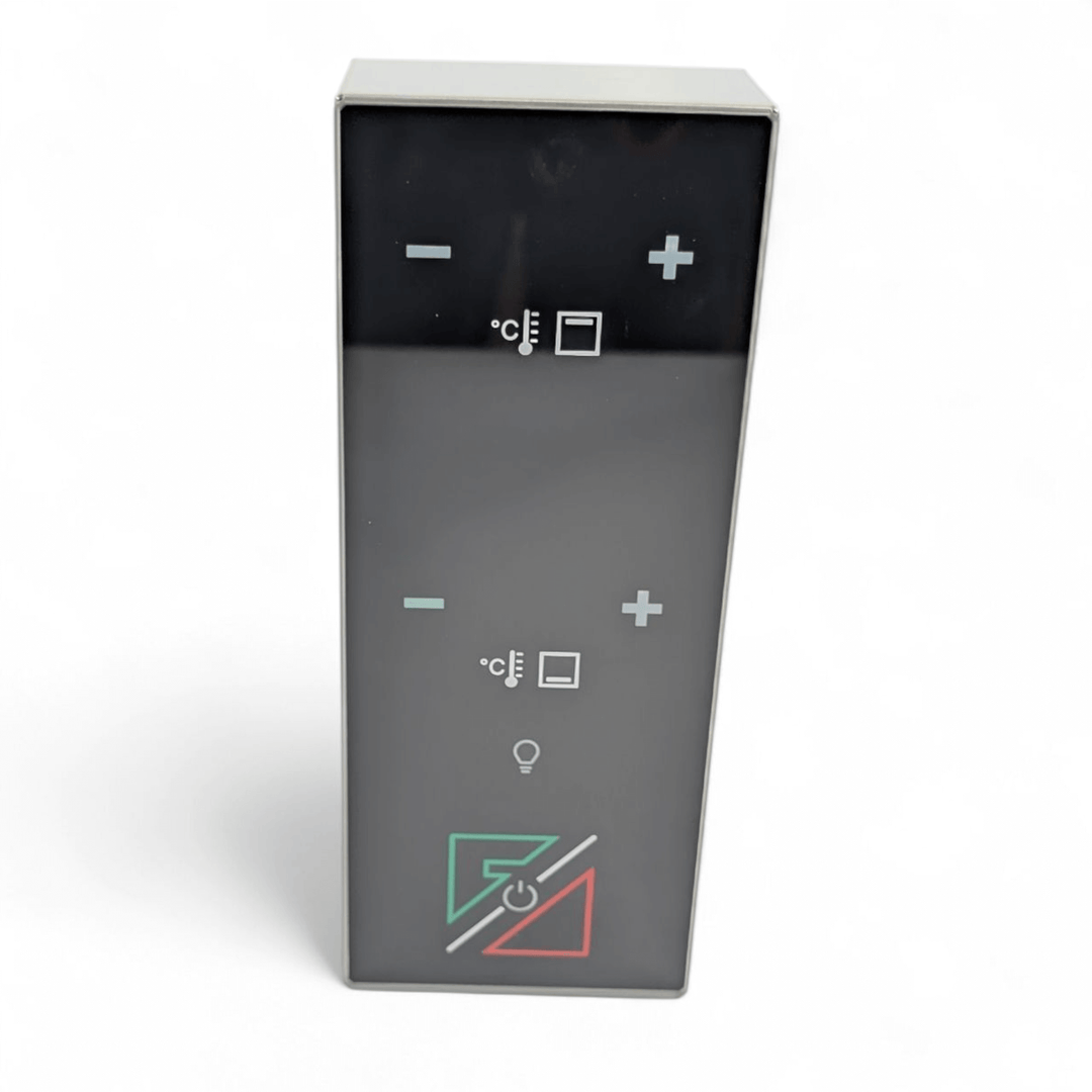 The Effeuno P134H PRO Control Panel by Black Rock Grill features a black design with plus and minus buttons, temperature and light icons, and a power button with green and red lines, displayed against a white background.