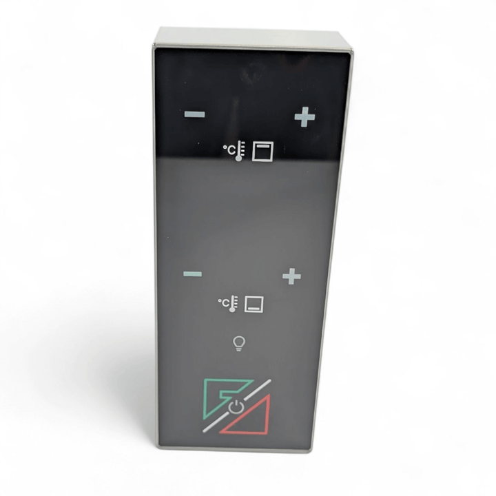 The Effeuno P134H PRO Control Panel by Black Rock Grill features a black design with plus and minus buttons, temperature and light icons, and a power button with green and red lines, displayed against a white background.