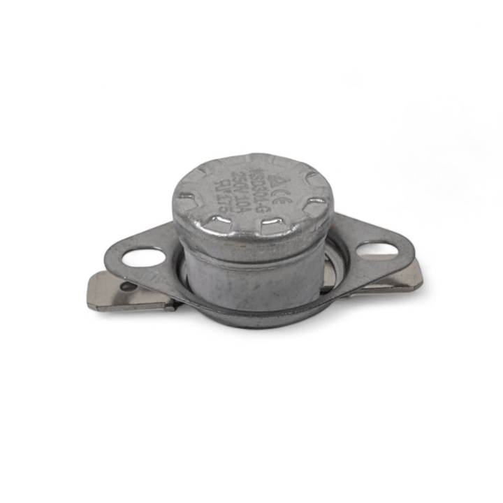 A close-up of the Black Rock Grill Safety Klixon (Overheat Switch) Auto Reset, a metal thermostat switch with two mounting holes and electrical terminals, used in appliances for temperature control or safety cutoff.