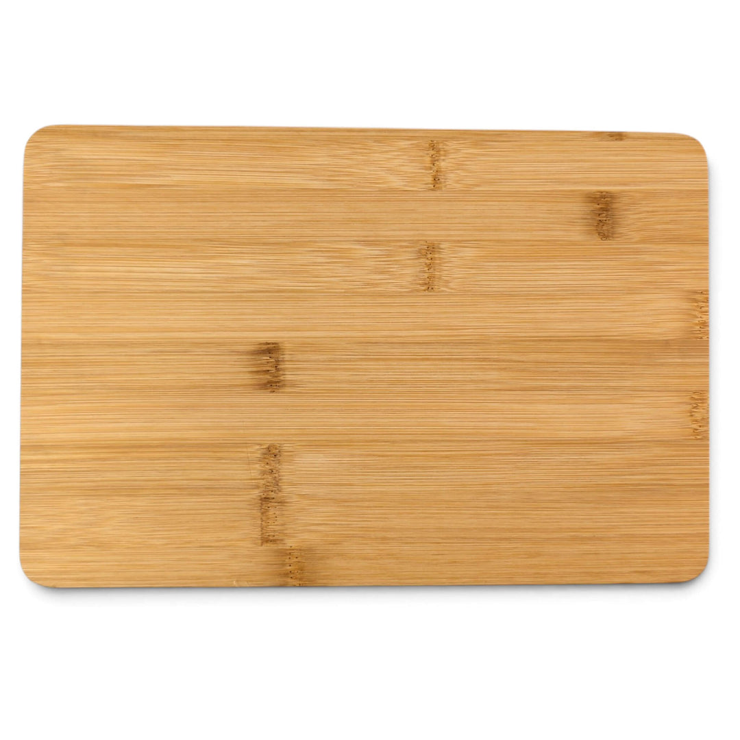 The Black Rock Grill Bamboo Serving Steak Board (30x20x1.2cm) is a rectangular bamboo board with rounded corners, displayed on a white background. Featuring a natural wood grain pattern accented by subtle darker patches, it makes an elegant and versatile choice for serving steaks or appetizers. Custom laser engraving is available to personalize this essential kitchen board.