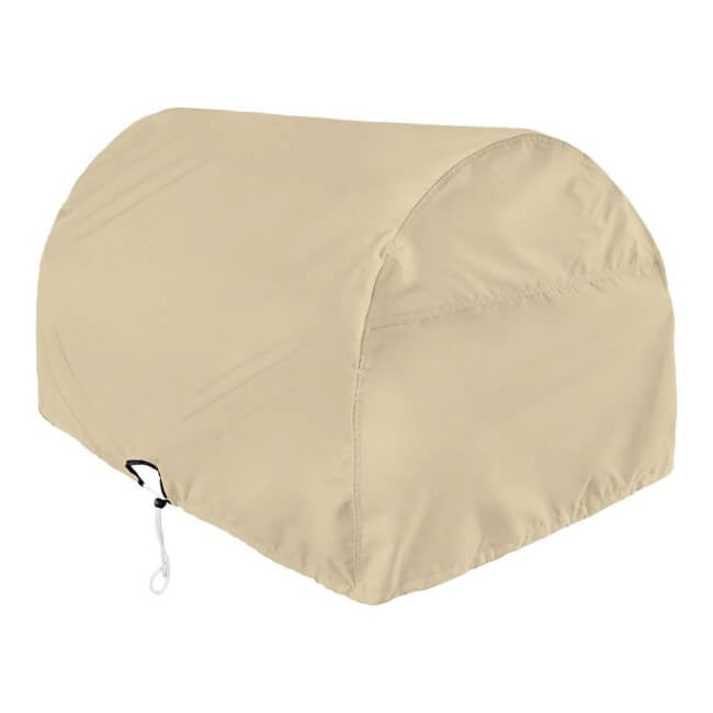 A beige dome-shaped outdoor pizza oven cover with a drawstring cord and black carabiner clip, shown on a plain white background.