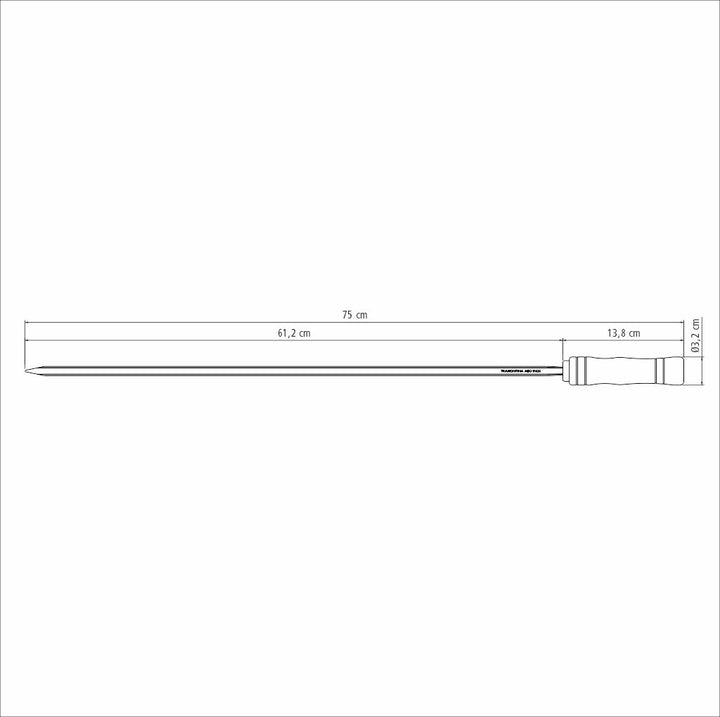 The Tramontina Churrasco BBQ Skewer 750mm by Tramontina is crafted from stainless steel, measuring 75 cm with markers at 61.2 cm and 13.8 cm. It tapers to a point on one end and is equipped with a Brazilian hardwood handle for easy grip.