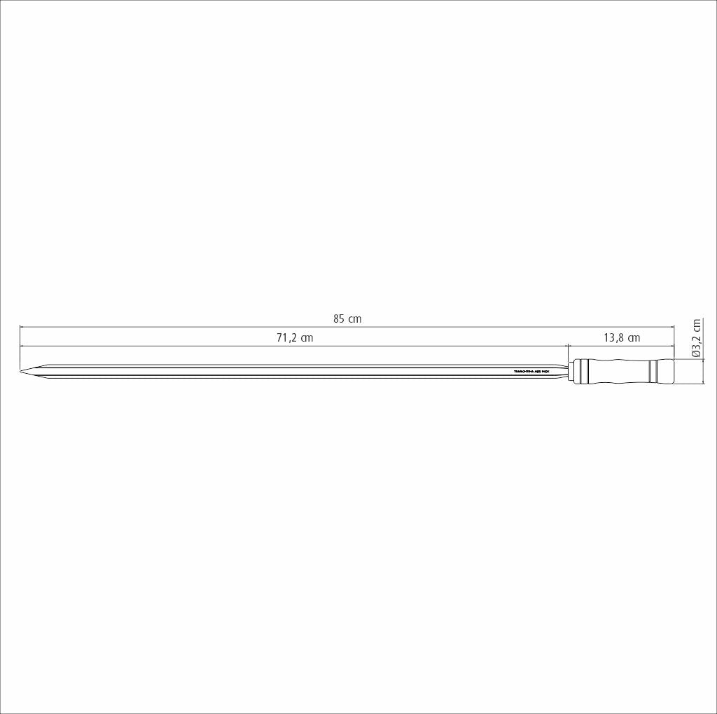 Technical drawing of the Tramontina Churrasco skewer, dimensions: 850mm overall length, 712mm blade length, and 32mm width. Handle crafted from Brazilian hardwood at 138mm. The image features detailed measurements in a clean, monochrome style for precise craftsmanship.