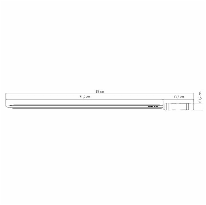 Technical drawing of the Tramontina Churrasco skewer, dimensions: 850mm overall length, 712mm blade length, and 32mm width. Handle crafted from Brazilian hardwood at 138mm. The image features detailed measurements in a clean, monochrome style for precise craftsmanship.