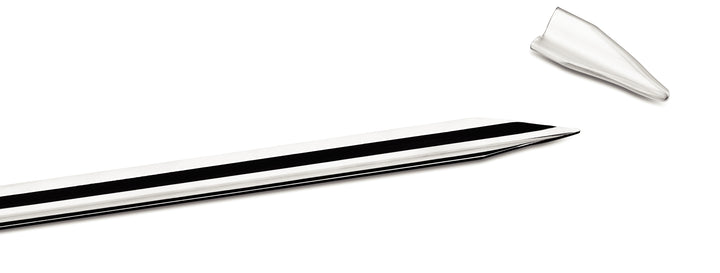 The Tramontina Churrasco 850mm Wide BBQ Skewer is sleek and modern, featuring a reflective stainless steel blade with a sharp point. A separate piece resembling the tip enhances its elegance on a minimalist white background, making it ideal for any culinary task or BBQ skewer preparation.