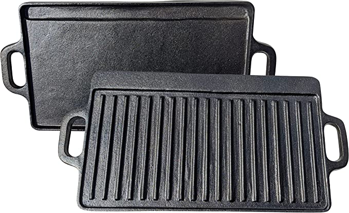 The Black Rock Grill Large Reversible Cast Iron Griddle Pan has silicone grip handles and dual surfaces—one flat, one ridged—making it ideal for searing or grilling on gas, electric hobs, or in the oven.