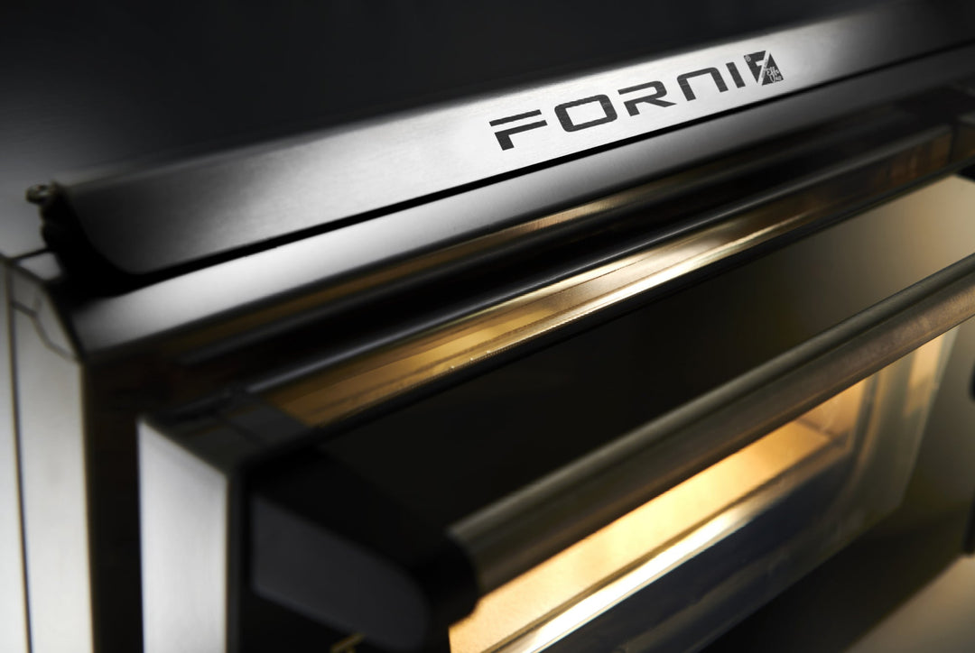 Close-up of a stainless steel Black Rock Grill Effeuno P134H 509 Manual Pizza Oven door partially open, revealing the glowing interior—showcasing craftsmanship ideal for perfect Neapolitan-style pizza.