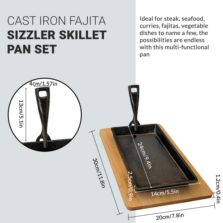 Cast Iron Fajita Sizzler 2 Pan + 1 Handle + 2 Wood Board Set
