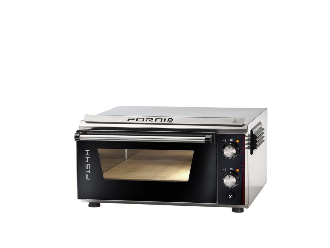 The Black Rock Grill Effeuno P134H 509 Manual Pizza Oven features a stainless steel body, glass door, control knobs, indicator lights, and visible pizza stone—perfect for baking Neapolitan-style pizzas like a pro. Labeled P134H and FORNI.