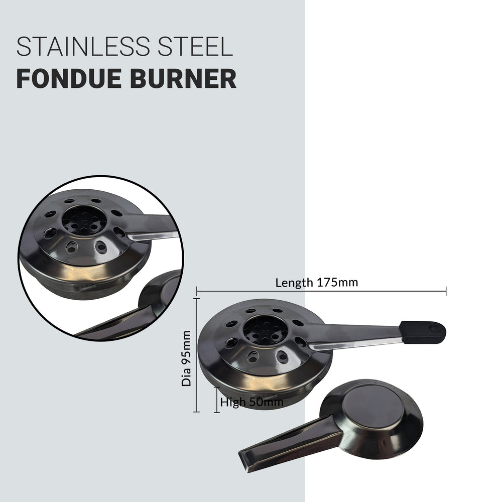 Image of the Black Rock Grill Fondue Pot Burner Stainless Steel Set showing three perspectives. Features include precise flame control, a round base, a circular grate on top, and a handle. Dimensions are 175mm long, 95mm diameter, and 50mm high.