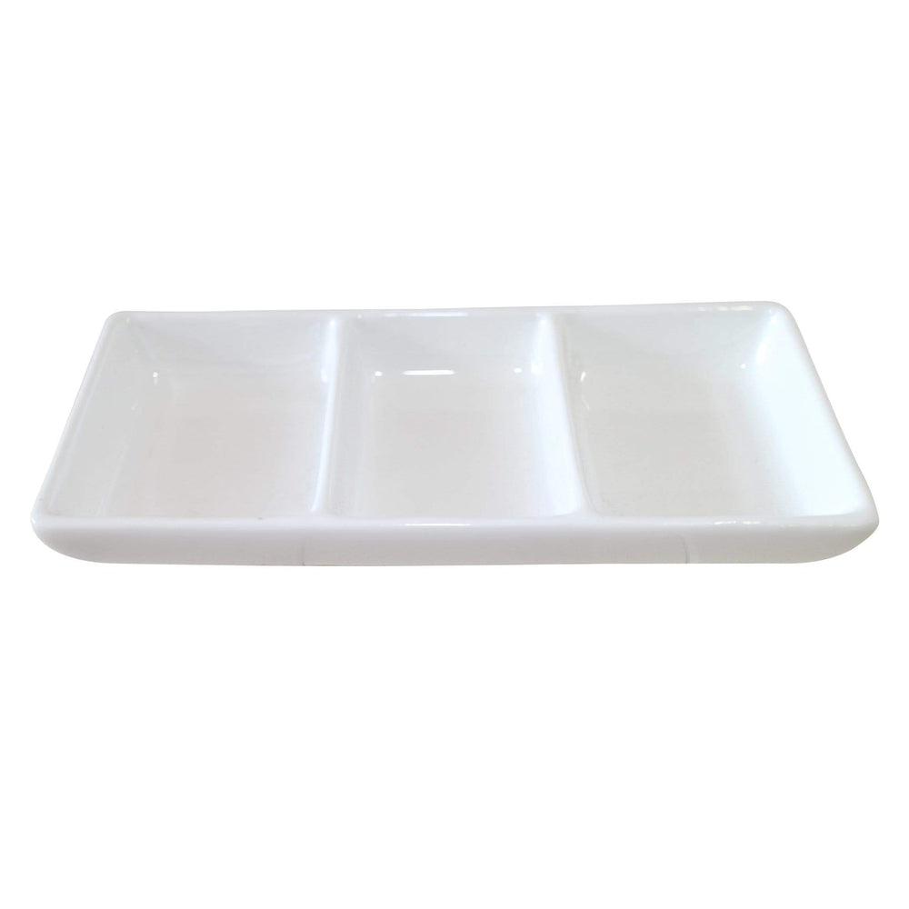 The GP-8 White 3 Compartment Dipping Pot, by Black Rock Grill, is a rectangular porcelain dish with glossy surfaces and slightly raised edges, perfect for serving items separately. Ideal alongside wooden board platters or paired with dipping pots. Comes in a case of 8.
